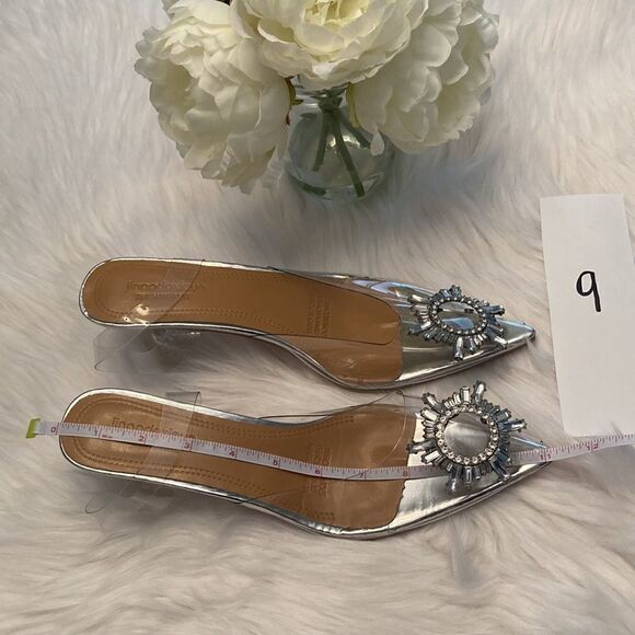 Vinyl Clear Rhinestone Pointed Toe Kitten Heel Slingback Sandals Shoes - Picture 12 of 16